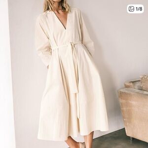 Zara Cream V Neck Tie Waist Midi Dress